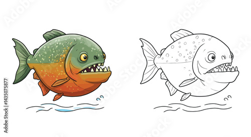 Piranha illustration: A menacing piranha with sharp teeth, rendered in both a vibrant, colorful style and a detailed line art illustration.