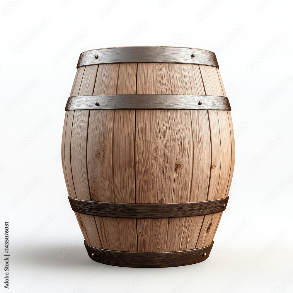 Large brown wooden barrel with metal bands, rustic texture, isolated on white background, perfect for storage or decoration, evokes vintage and traditional charm
