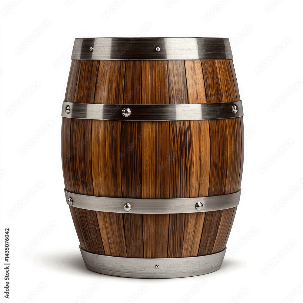 Large brown wooden barrel with metal bands, isolated on white background, rustic and sturdy, suitable for storage or decoration, evokes vintage and classic feel
