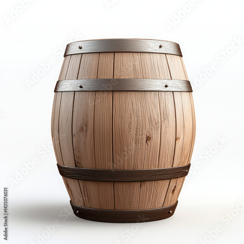 Obraz na płótnie Large brown wooden barrel with metal bands, rustic texture, isolated on white background, perfect for storage or decoration, evokes vintage and traditional charm w salonie