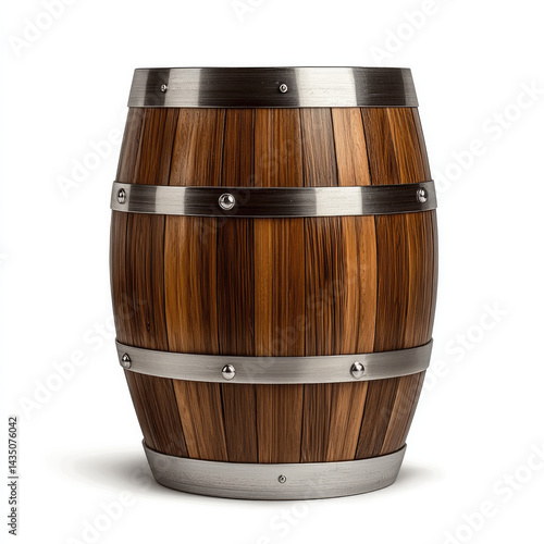 Obraz na płótnie Large brown wooden barrel with metal bands, isolated on white background, rustic and sturdy, suitable for storage or decoration, evokes vintage and classic feel w salonie
