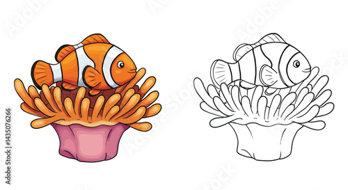 Clownfish and Sea Anemone: A charming illustration portrays a vibrant clownfish nestled within a sea anemone, capturing the essence of marine life.