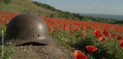 A World War II helmet lies in the middle of a poppy field.