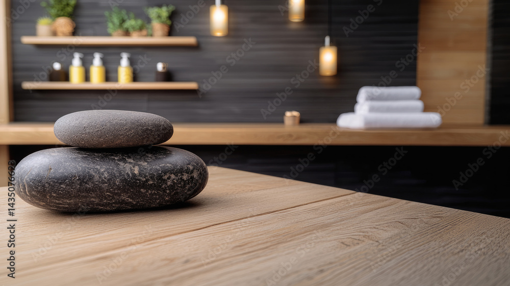 Smooth black stones stacked on wooden table in modern spa interior, with soft lighting, rolled white towels, and green plants creating calm, relaxing atmosphere