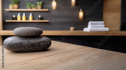 Obraz na płótnie Smooth black stones stacked on wooden table in modern spa interior, with soft lighting, rolled white towels, and green plants creating calm, relaxing atmosphere w salonie