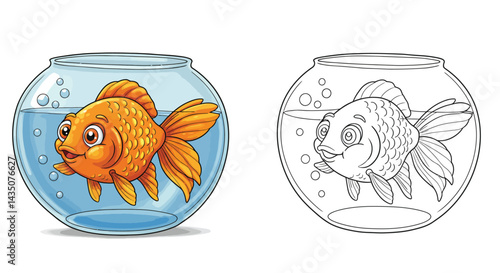 Golden Fish in a Glass Bowl: A cheerful illustration of a vibrant, golden fish happily swimming within a clear glass bowl, surrounded by bubbles.