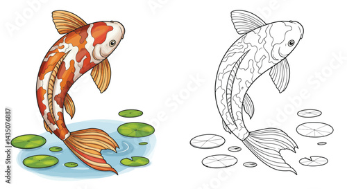 Serene Koi Fish: A vibrant koi fish gracefully swims in tranquil waters among lily pads, depicting a scene of peace and beauty.