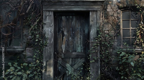Cracked Ivy Door with Shadowed Windows and Wooden Brace