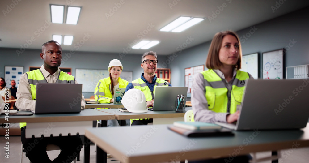 Students Work In A Classroom With Laptops