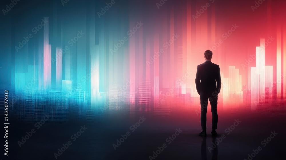 A figure in a suit stands silhouetted against a vibrant abstract background of blue and red vertical lines, suggesting a theme of technology and innovation. A figure in a suit stands silhouetted against a vibrant abstract background of blue and red vertical lines, suggesting a theme of technology and innovation.
