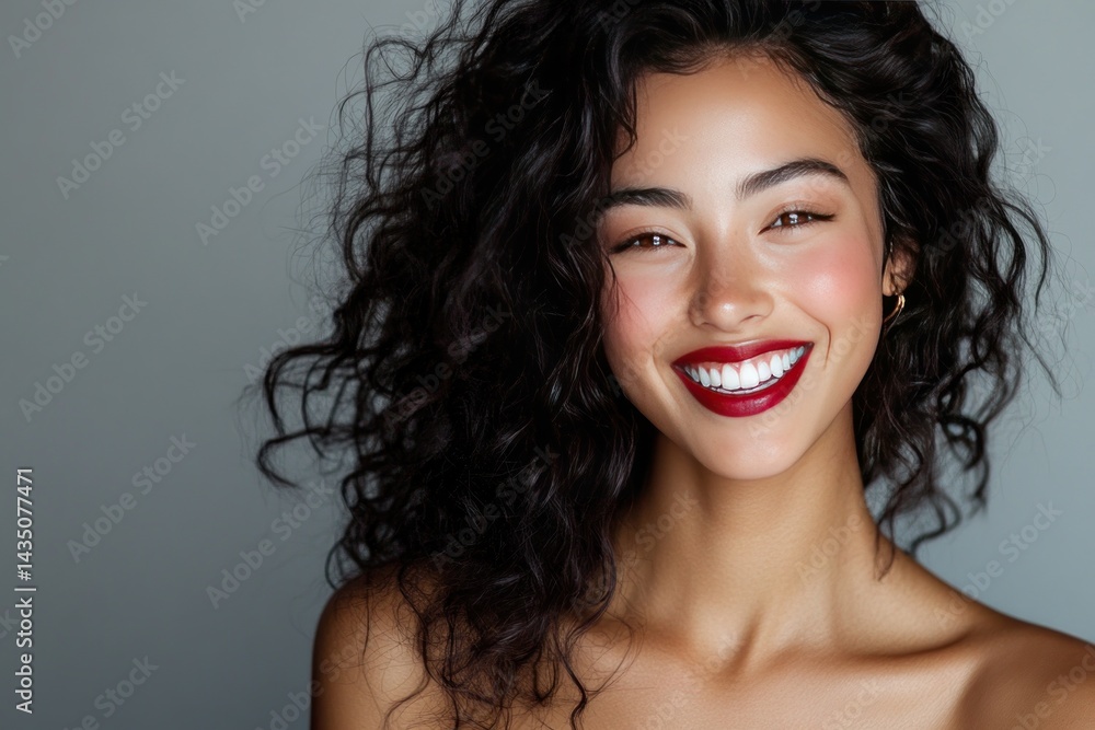 smiling young brunette woman with wavy curls, bold lipstick, professional studio portrait, fashion editorial smiling young brunette woman with wavy curls, bold lipstick, professional studio portrait, fashion editorial