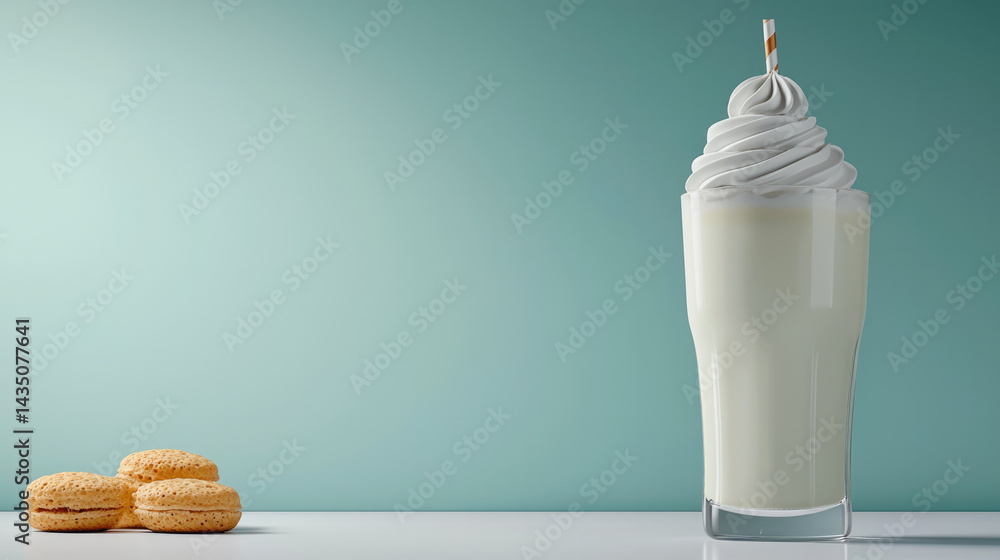 Creamy vanilla milkshake topped with whipped cream and striped straw sits on white table, with three golden cookies nearby, against pastel green background