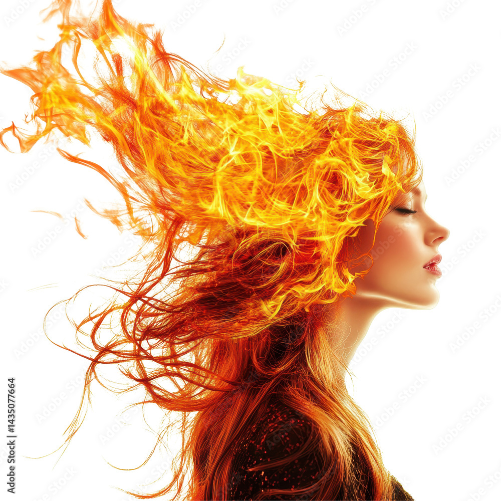 Woman with fiery hair creating a striking silhouette against a bright background, woman with a fire in her hair Transparent background Woman with fiery hair creating a striking silhouette against a bright background, woman with a fire in her hair Transparent background