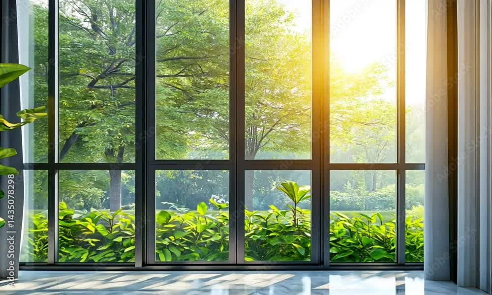A tranquil indoor scene with sunlight streaming through large windows. A tranquil indoor scene with sunlight streaming through large windows.