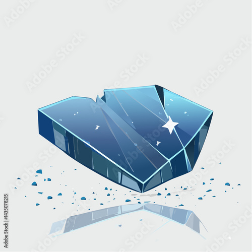 A jagged shard of mirror reflecting a stormy sky, laid on a dusty floor with tiny glass splinters scattered like stars around it.
