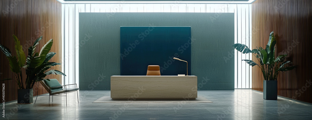 Modern office reception with minimalist desk, brown chair, green plants, wood panel walls, and soft lighting creates calm, welcoming atmosphere for visitors and employees alike