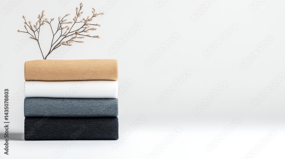A minimalistic arrangement of folded towels in neutral colors, with a delicate branch placed on top, creating a serene and stylish aesthetic.