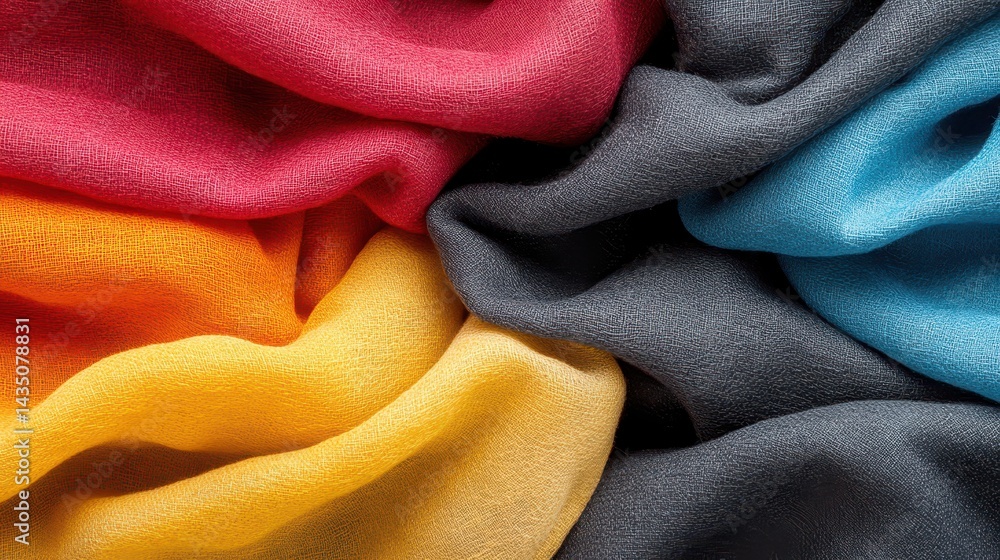 A vibrant arrangement of colorful, textured fabrics in red, yellow, blue, and gray, showcasing their soft drapery and intricate folds.