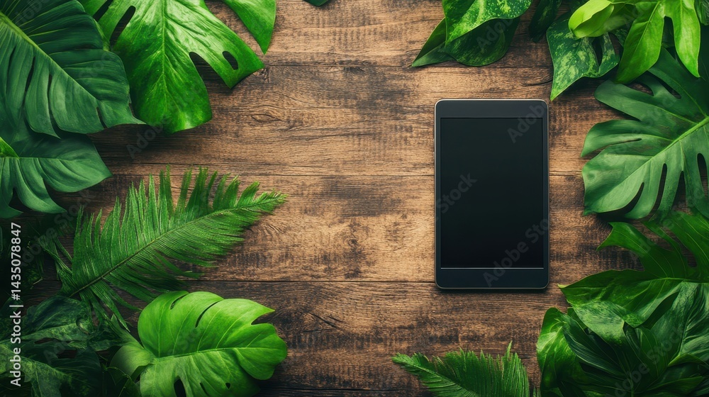 A tablet is centered on a wooden surface, surrounded by lush green leaves, creating a natural and modern aesthetic.