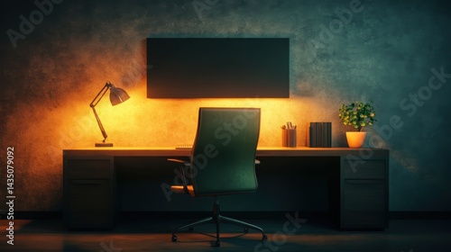 A cozy, dimly lit workspace featuring a desk, chair, lamp, and decorative plant, creating a warm and inviting atmosphere.