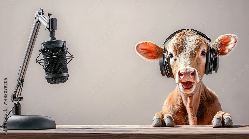 Young cow wearing headphones sits at wooden table with large microphone, looking happy and expressive, suggesting fun podcast or radio show concept