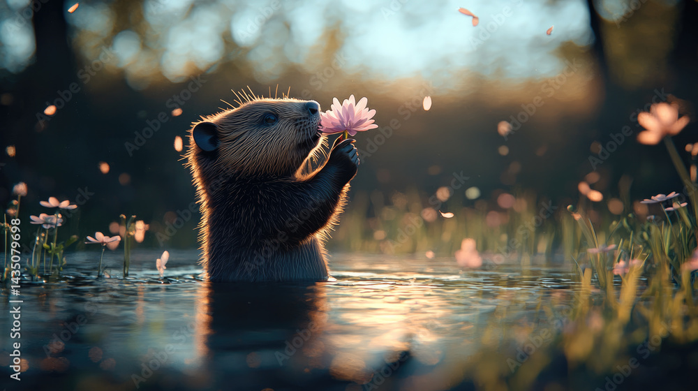 Beaver stands in calm pond at sunset, holding pink flower with gentle, peaceful expression, surrounded by floating petals and soft natural light