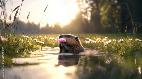 Beaver swimming in pond at sunset, holding pink flower, surrounded by wildflowers and tall grass, peaceful and serene natural scene