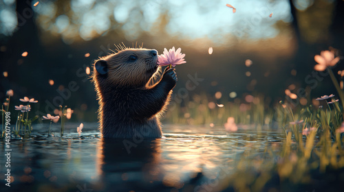 Obraz na płótnie Beaver stands in calm pond at sunset, holding pink flower with gentle, peaceful expression, surrounded by floating petals and soft natural light w salonie