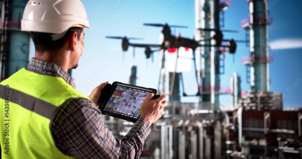 Observing With A Camera, A Technician Inspects Oil Refinery Pipes
