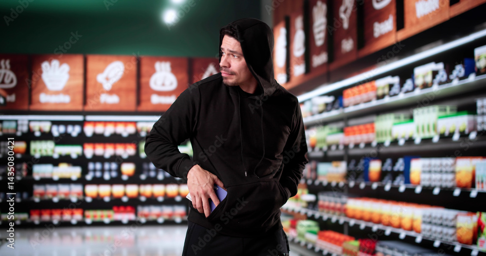 Retail Shoplifting. Man Stealing In Supermarket