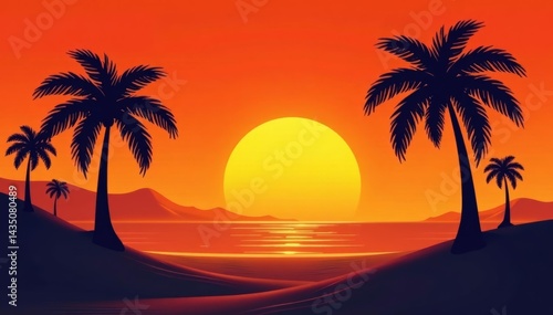 Silhouettes of palm trees against orange sky at desert beach, desert, tranquil