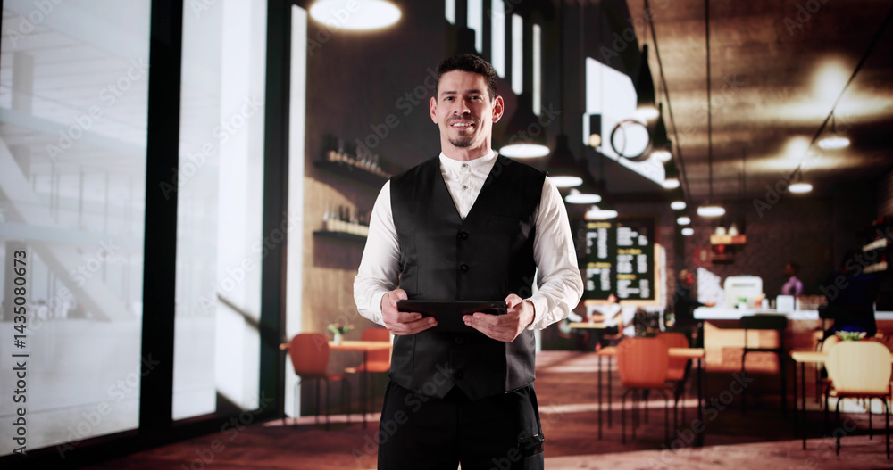 Success In The Cafe: Latino Owner Using Tablet