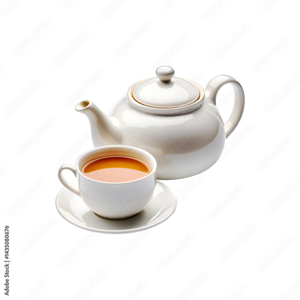 White ceramic teapot and tea cup with milk tea on transparent background White ceramic teapot and tea cup with milk tea on transparent background