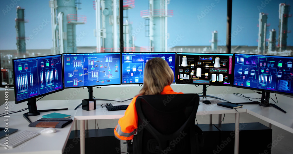 Female Oil And Gas Engineer Monitoring Factory Efficiency