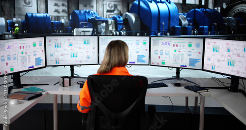Female Engineer Monitors Gas Turbine Using Computer