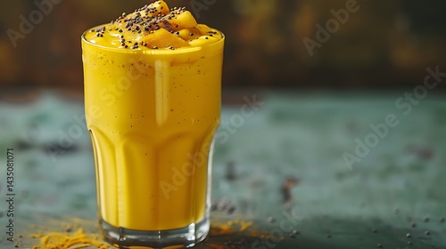 A tall glass of chilled mango lassi, topped with a sprinkle of cardamom with copyspace.