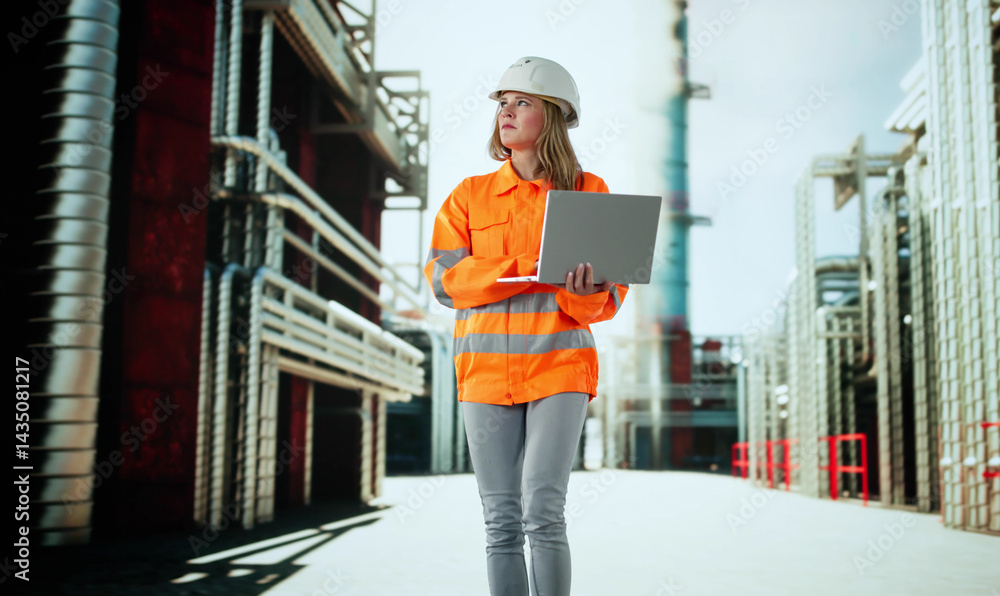 Quality Control In Energy Industry: Woman Inspecting Pipeline