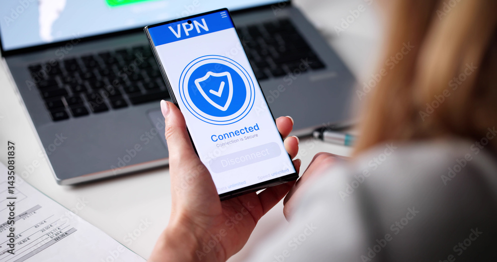 Woman Safeguarding Her Online Privacy With VPN On Her Phone