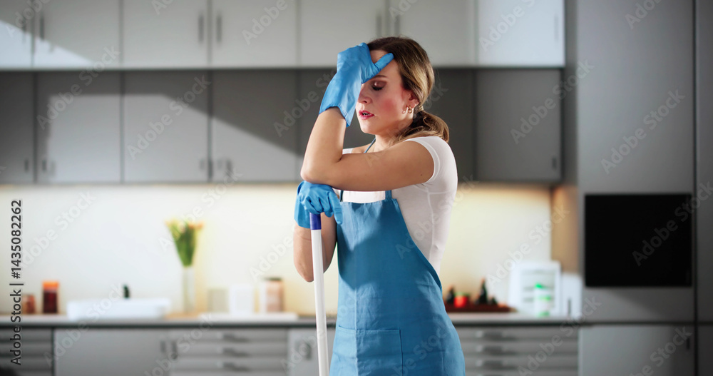Exhausted House Cleaner Wiping Down Sink In Frustrated Frustration