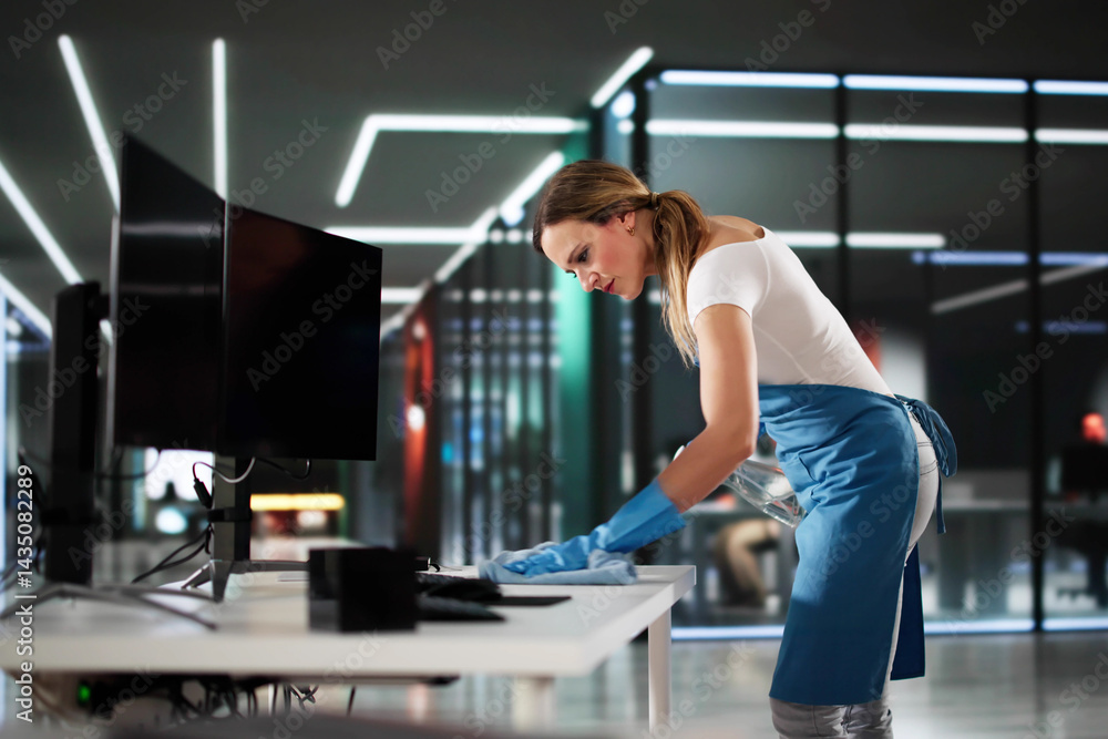 Smiling Woman In Blue Uniform, Cleaning Desk