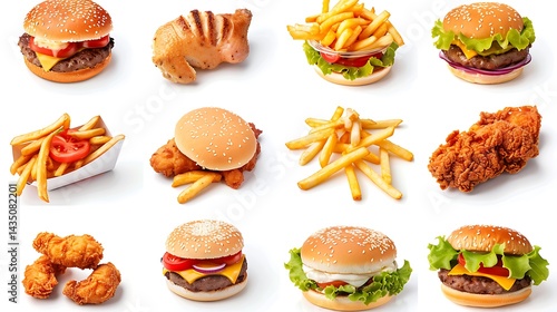 All Fast Food collection set, isolated on white background. Fried chicken, fries, hamburger, turkey, hotdog, sandwich, chicken nuggets, shawarma. Junk food of Fast Food set. Closeup of fast foods.