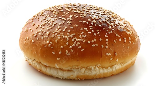 Top view shot of a hamburger bread bun, isolated on white background. The freshly baked, golden brown color and a sprinkling of sesame seeds on top.