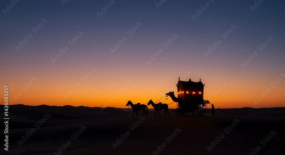 Fototapeta premium Camel Silhouette Against Vibrant Desert Sunset Tourism Adventure Exotic Travel Destination Scenic Landscape Photography