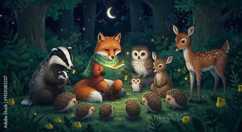 Fox Reading to Forest Animals Gathering in Enchanting Woodland Scene