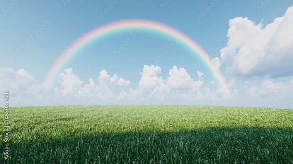 A vibrant rainbow arches over a vast, grassy plain under a partly cloudy sky A vibrant rainbow arches over a vast, grassy plain under a partly cloudy sky