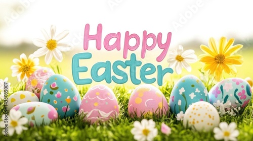 Easter eggs and flowers in a spring meadow.  Happy Easter message