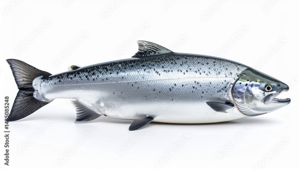 Obraz premium Fresh, isolated seafood fish like trout or salmon with fins and tail, a healthy silver animal, is raw meat for eating or cooking, shown against a white background, possibly a catch from fishing, sugge