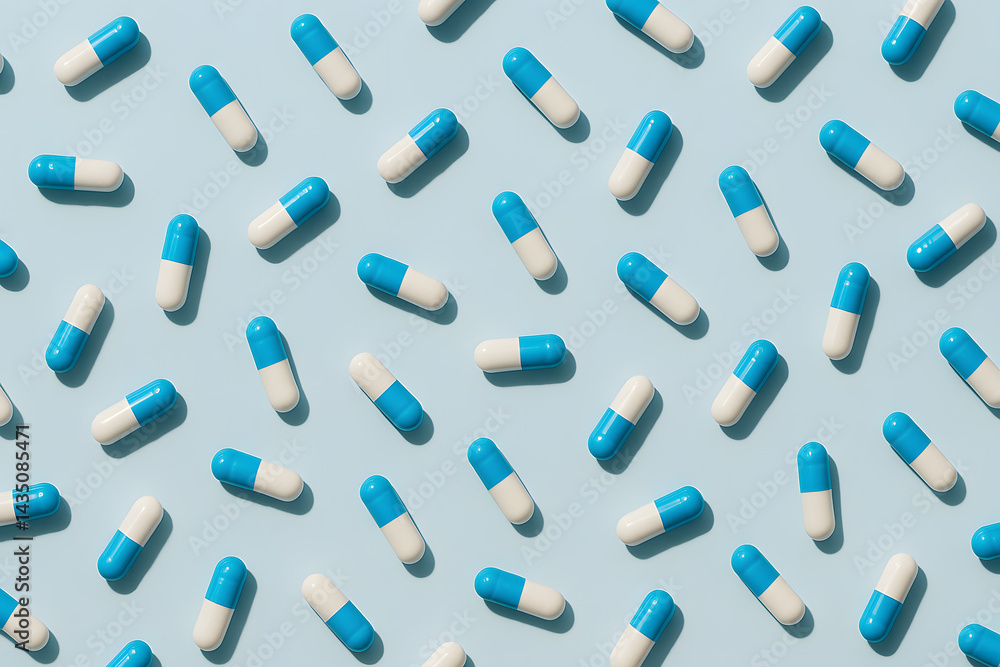 Scattered Blue and White Capsules on a Light Blue Surface Scattered Blue and White Capsules on a Light Blue Surface