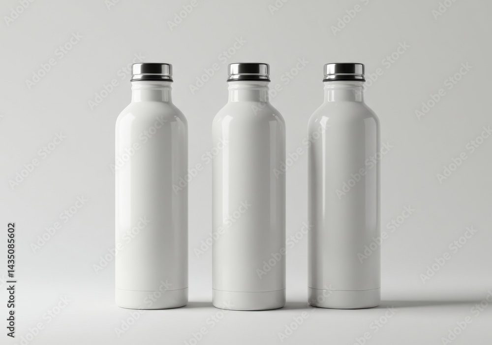 Three white reusable water bottles mockup with silver lids Three white reusable water bottles mockup with silver lids