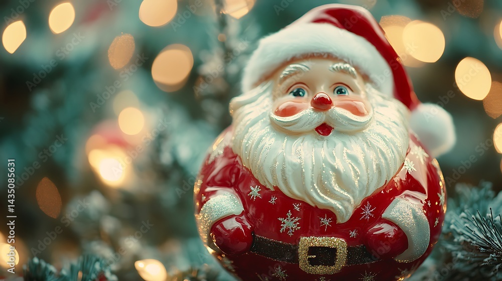 Smiling Santa ornament on a Christmas tree lit up with bokeh lights and festive glow picture Smiling Santa ornament on a Christmas tree lit up with bokeh lights and festive glow picture